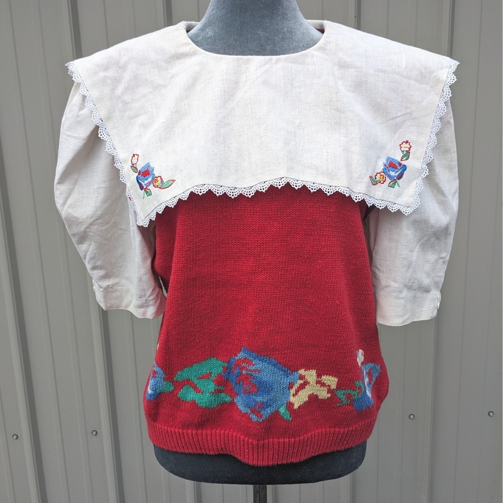 Vintage 80s Floral Sailor Collar Sweater Top M Red Cottagecore Short Puff Sleeve